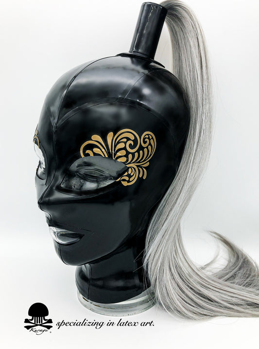 Latex Hood with eye decoration-ponytail-