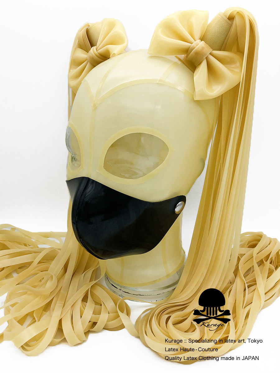 ラバーマスク 飴色 ツインテール リボン付き ヤンキーマスク latex-hood-trancenatural-bows-face-cover-mask