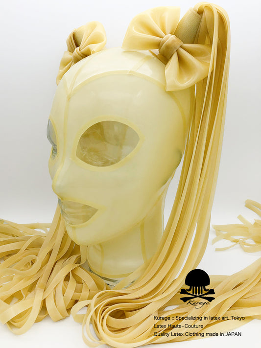 ラバーマスク 飴色 ツインテール リボン付き kurage-latex-hood-trancenatural-pigtail-bows